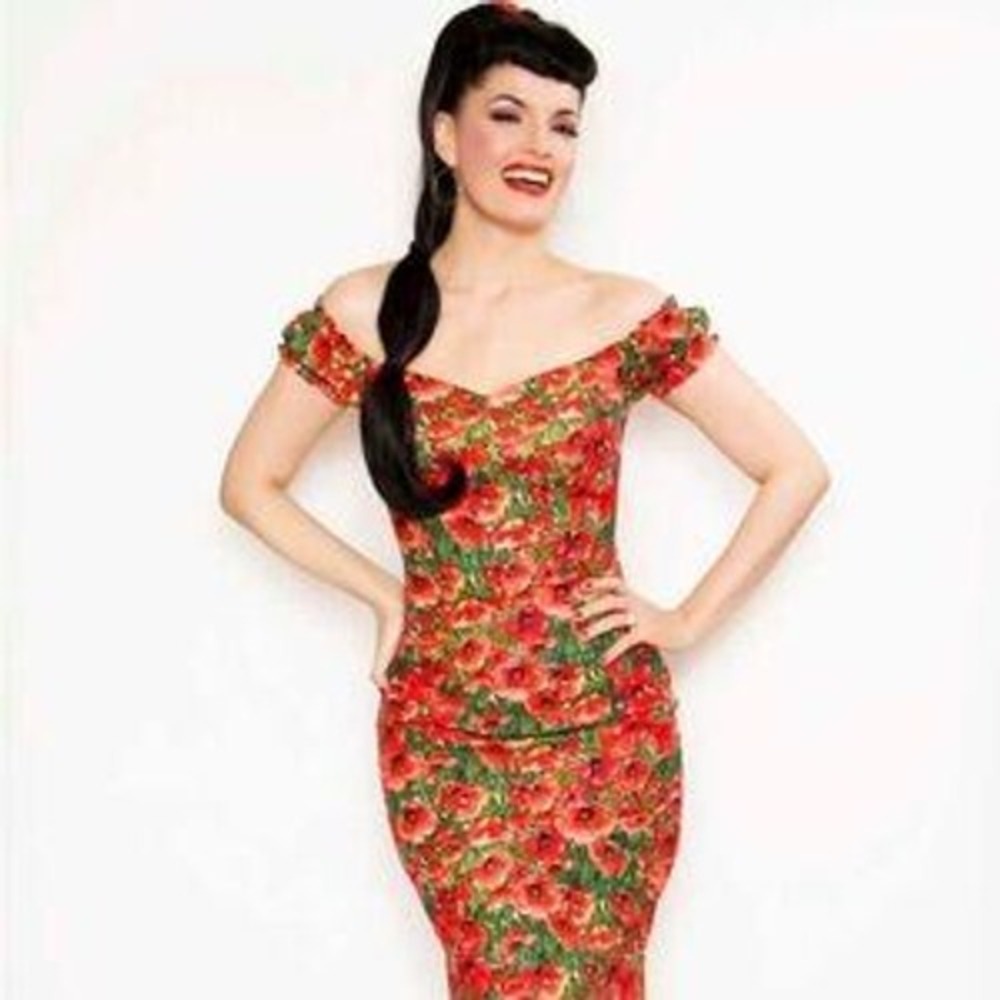 Bernie Dexter Scarlette Dress Womens XS Red Poppy Floral Excellent Wiggle Pencil